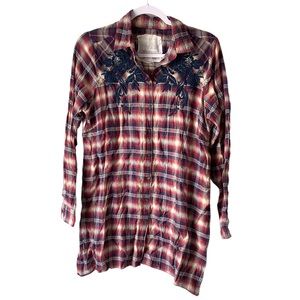 Johnny Was 3J Workshop Plaid Button Down Shirt Tunic Floral Embroidered